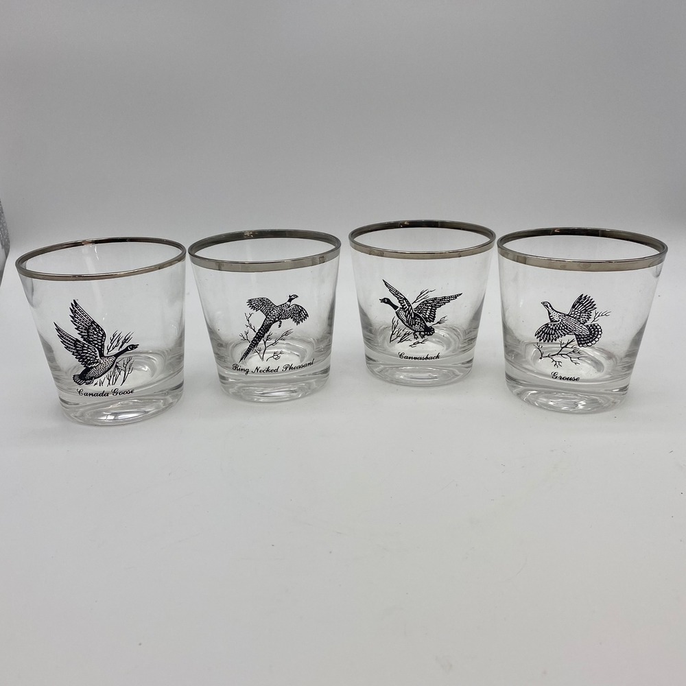 VTG Game Bird Rocks Glasses Set of 4 Silver Rim Pheasant Goose Grouse Canvasback